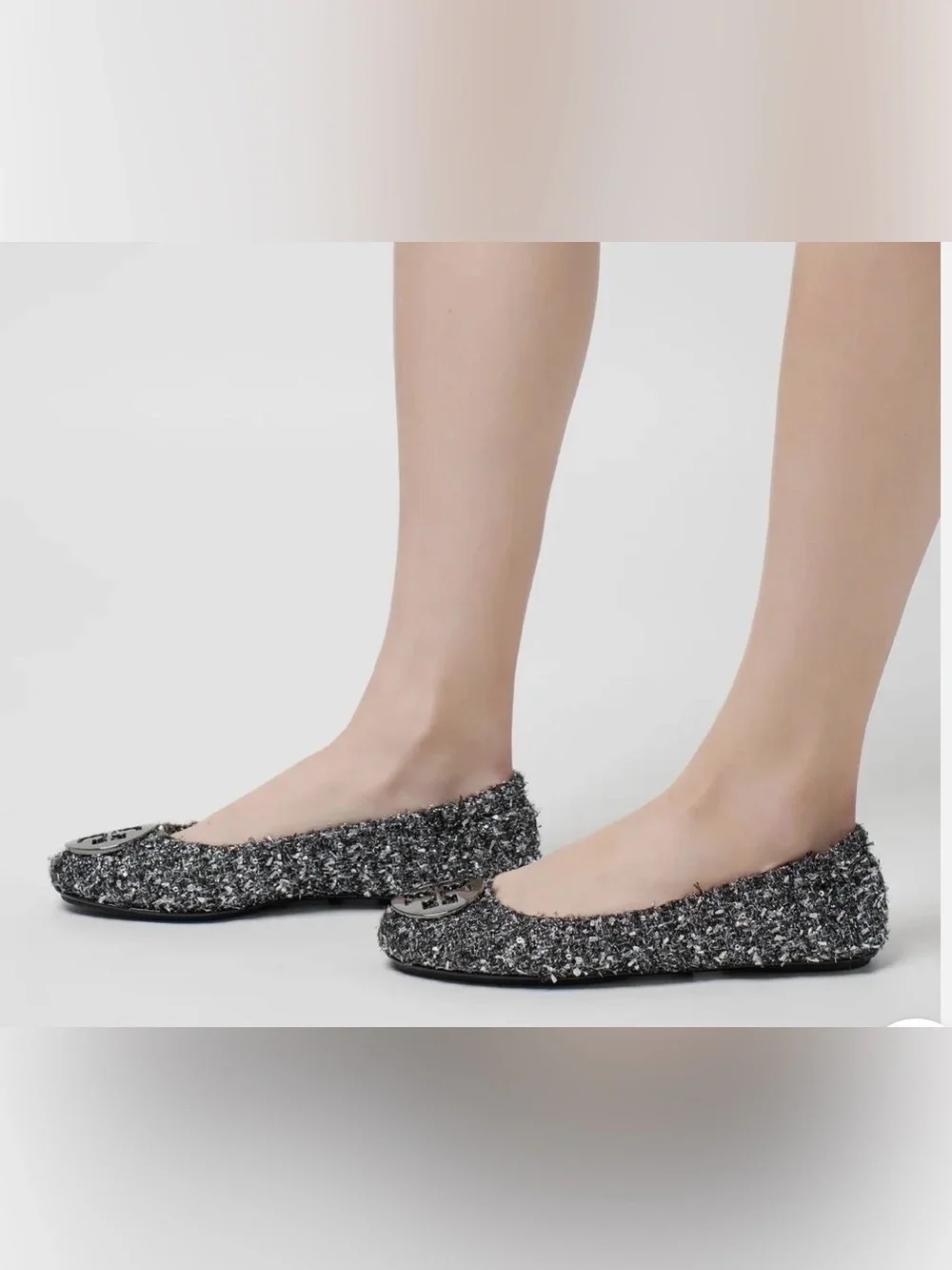 Tory Burch Silver Tweed Logo Ballet Flats